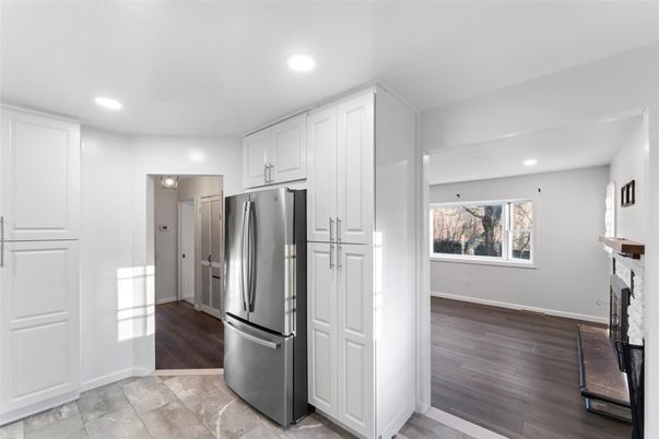 Fireplace, Interior, Kitchen, Recessed Lighting, Wood Texture Flooring