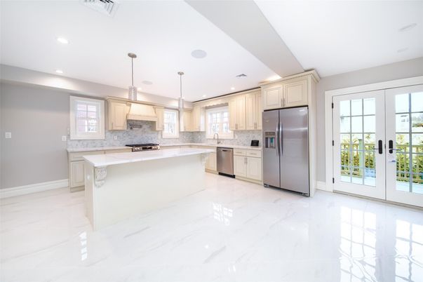 Interior, Kitchen, Marble, Pendant Lights, Recessed Lighting, Stainless Steel Appliances
