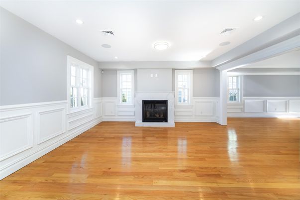 Empty room, Fireplace, Interior, Recessed Lighting, Wood Texture Flooring