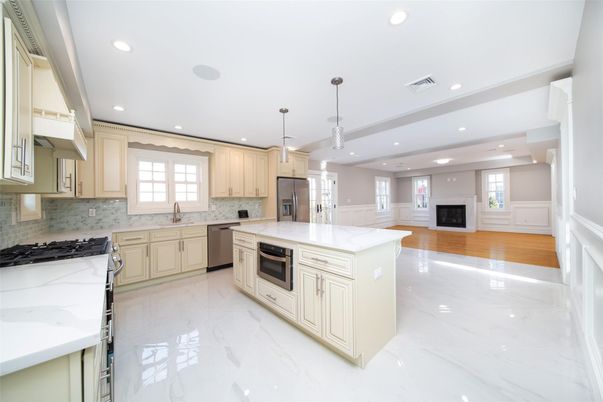 Interior, Kitchen, Marble, Pendant Lights, Recessed Lighting, Stainless Steel Appliances