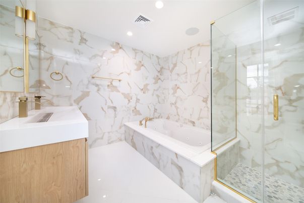 Bathroom, Glass Shower, Interior, Marble Walls, Recessed Lighting