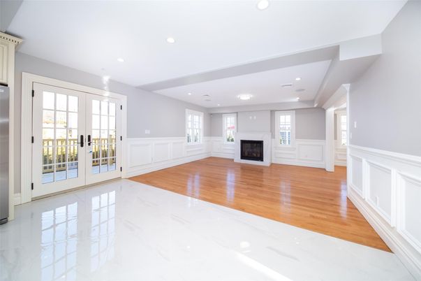 Empty room, Fireplace, Interior, Recessed Lighting, Wood Texture Flooring