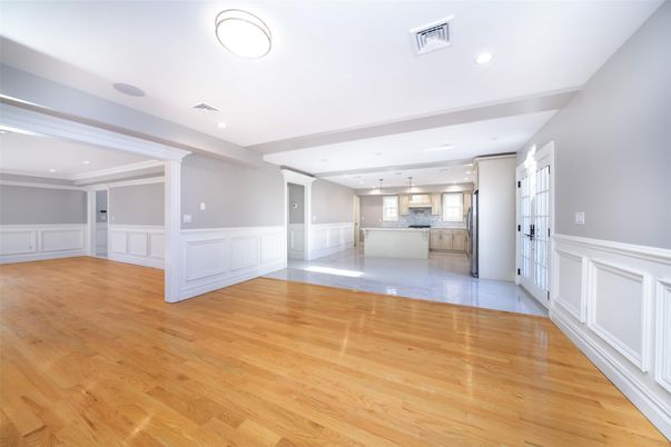 Empty room, Interior, Kitchen, Pendant Lights, Recessed Lighting, Wood Texture Flooring