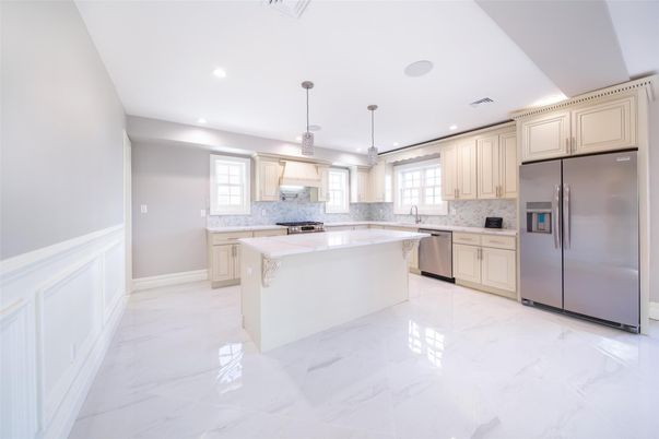 Interior, Kitchen, Marble, Pendant Lights, Recessed Lighting, Stainless Steel Appliances