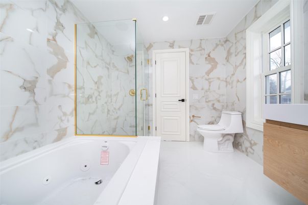 Bathroom, Glass Shower, Interior, Marble Walls, Recessed Lighting