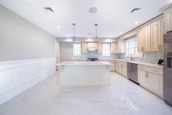 Interior, Kitchen, Marble, Pendant Lights, Recessed Lighting, Stainless Steel Appliances