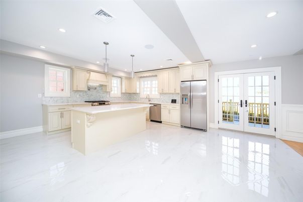 Interior, Kitchen, Marble, Pendant Lights, Recessed Lighting, Stainless Steel Appliances