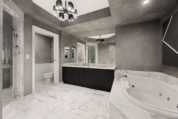 Bathroom, Dual Sink Vanities, Interior, Marble, Recessed Lighting