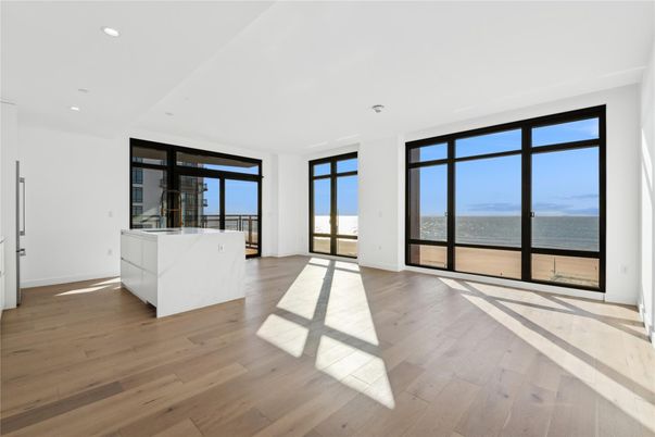 Empty room, Interior, Recessed Lighting, Water, Wood Texture Flooring
