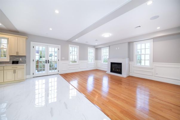 Empty room, Fireplace, Interior, Marble, Recessed Lighting, Wood Texture Flooring