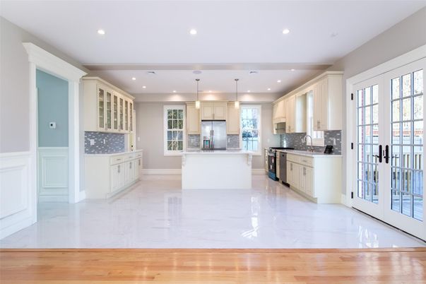 Interior, Kitchen, Marble, Pendant Lights, Recessed Lighting, Stainless Steel Appliances