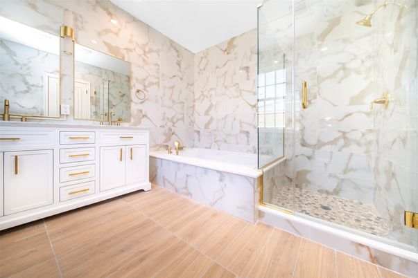 Bathroom, Glass Shower, Interior, Marble Walls, Recessed Lighting, Wood Texture Flooring
