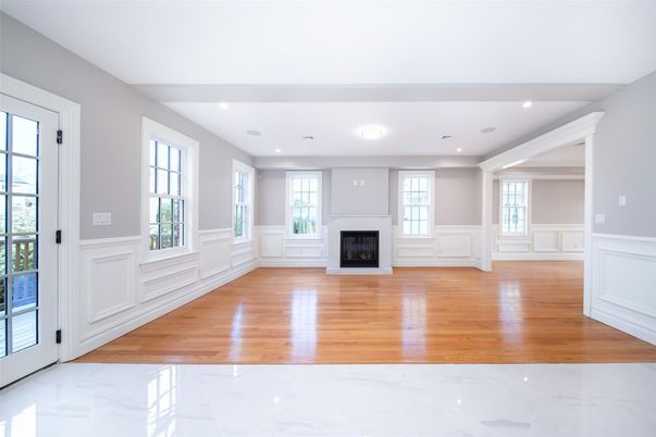 Empty room, Fireplace, Interior, Marble, Recessed Lighting, Wood Texture Flooring