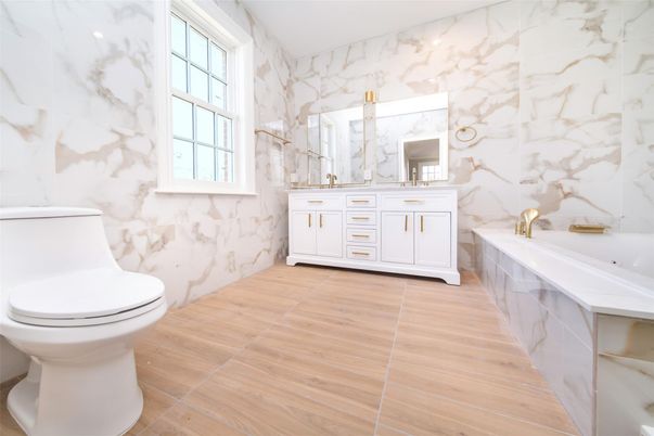 Bathroom, Interior, Marble Walls, Wood Texture Flooring
