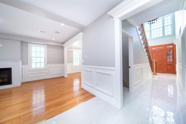Empty room, Fireplace, Interior, Marble, Recessed Lighting, Wood Texture Flooring