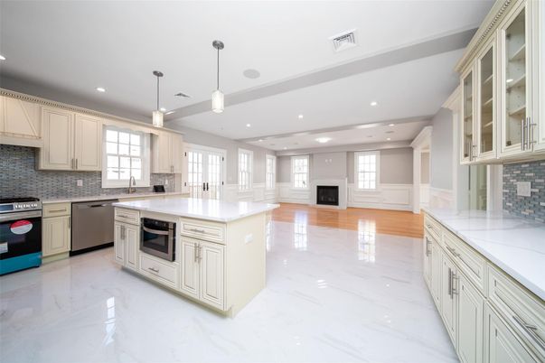 Fireplace, Interior, Kitchen, Marble, Pendant Lights, Recessed Lighting, Stainless Steel Appliances