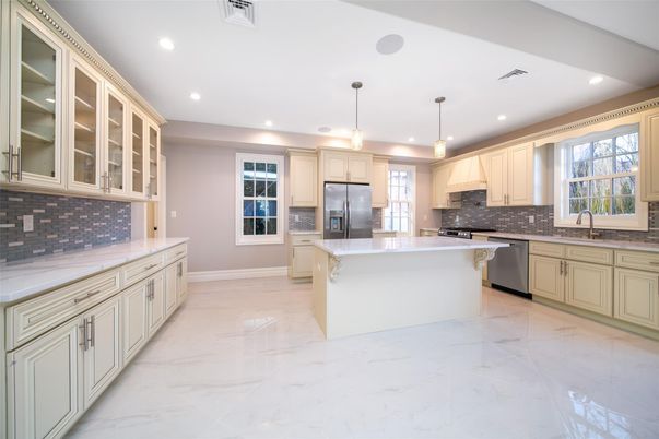Interior, Kitchen, Marble, Pendant Lights, Recessed Lighting, Stainless Steel Appliances