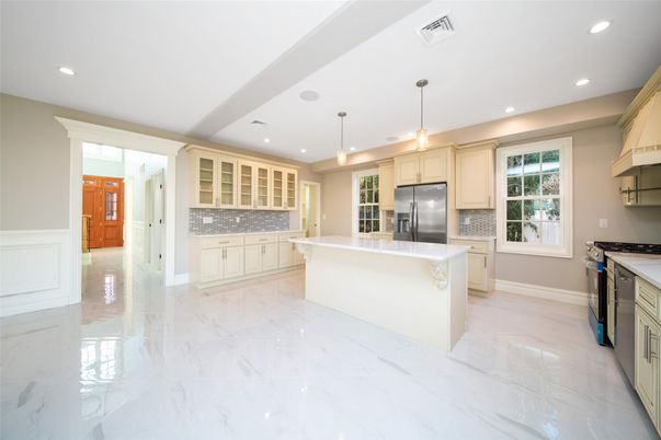 Interior, Kitchen, Marble, Pendant Lights, Recessed Lighting, Stainless Steel Appliances
