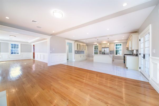 Empty room, Interior, Kitchen, Pendant Lights, Recessed Lighting, Wood Texture Flooring