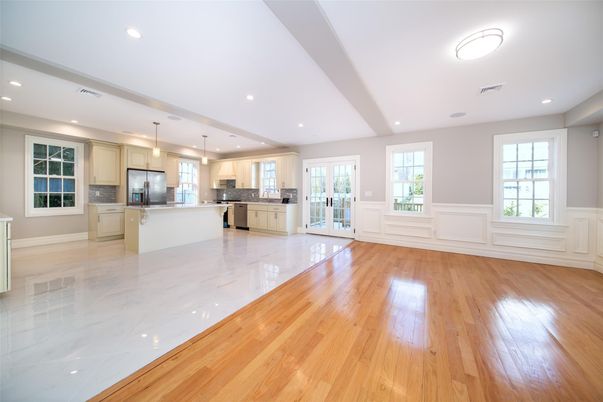 Interior, Kitchen, Marble, Pendant Lights, Recessed Lighting, Stainless Steel Appliances, Wood Texture Flooring