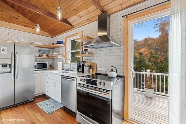 Interior, Kitchen, Pendant Lights, Stainless Steel Appliances, Wooden Beams, Wooden Ceilings, Wood Texture Flooring