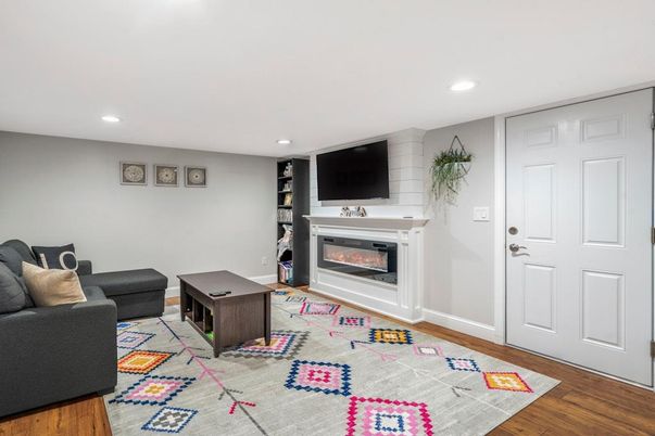 Fireplace, Interior, Living room, Recessed Lighting, Wood Texture Flooring