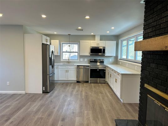 Interior, Kitchen, Pendant Lights, Recessed Lighting, Stainless Steel Appliances, Wood Texture Flooring