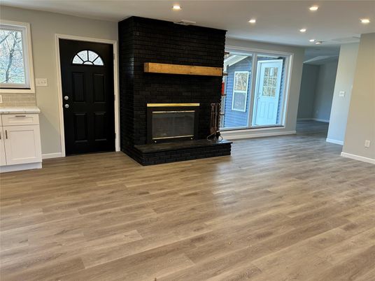 Empty room, Fireplace, Interior, Recessed Lighting, Wood Texture Flooring