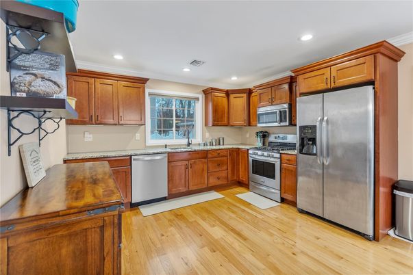 Interior, Kitchen, Recessed Lighting, Stainless Steel Appliances, Wood Texture Flooring