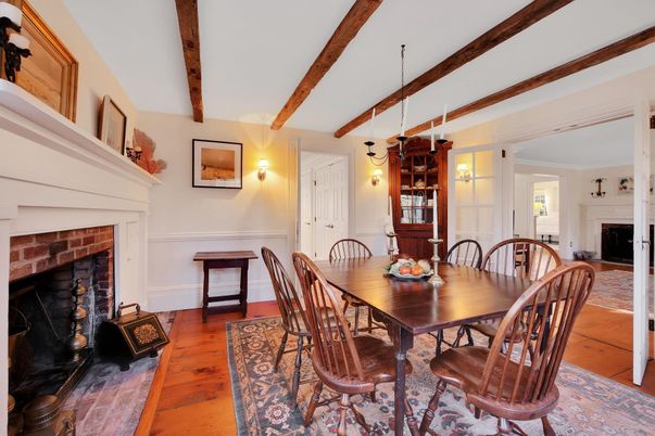 Dining room, Fireplace, Interior, Pendant Lights, Wooden Beams, Wood Texture Flooring
