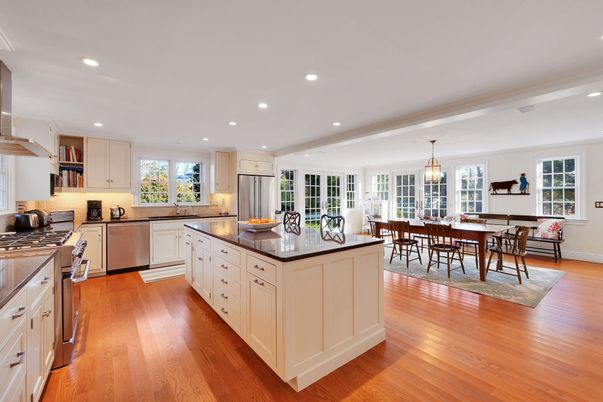 Dining room, Interior, Kitchen, Pendant Lights, Recessed Lighting, Stainless Steel Appliances, Wood Texture Flooring