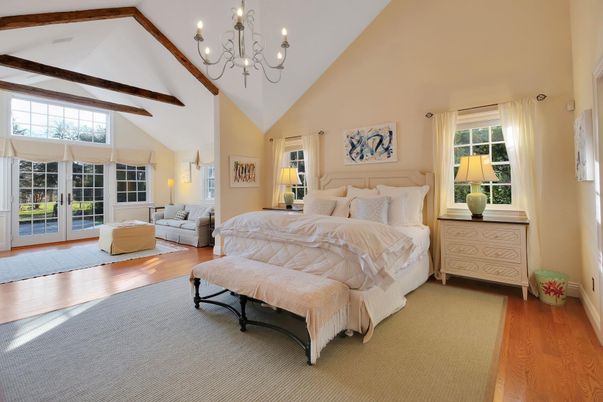 Bedroom, Chandelier, Interior, Wooden Beams, Wood Texture Flooring