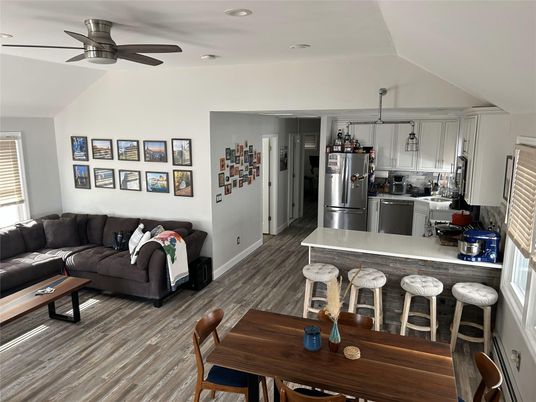 Dining room, Interior, Kitchen, Living room, Pendant Lights, Recessed Lighting, Stainless Steel Appliances, Wood Texture Flooring