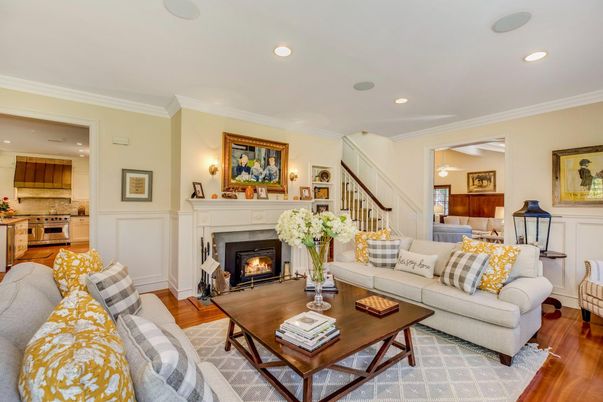Fireplace, Interior, Kitchen, Living room, Recessed Lighting, Wood Texture Flooring