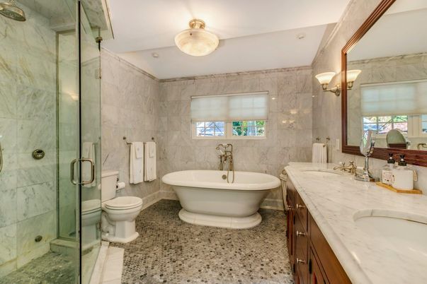 Bathroom, Dual Sink Vanities, Free Standing Baths, Glass Shower, Interior, Marble Walls