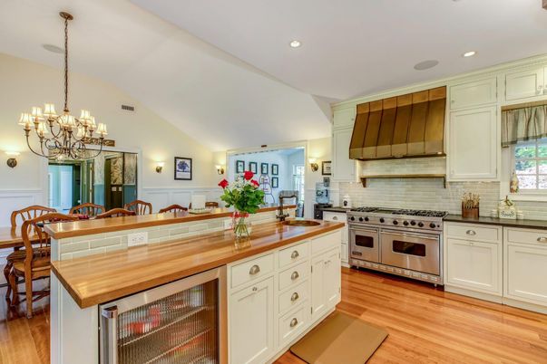 Chandelier, Interior, Kitchen, Recessed Lighting, Stainless Steel Appliances, Wood Texture Flooring