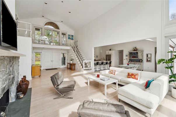 Fireplace, Interior, Living room, Recessed Lighting, Wood Texture Flooring