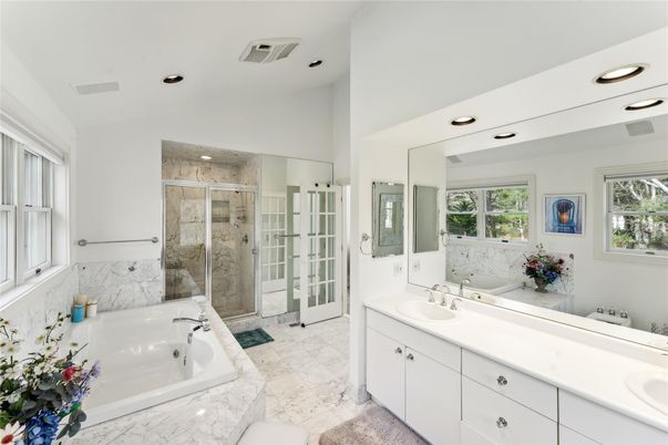 Bathroom, Dual Sink Vanities, Glass Shower, Interior, Marble, Recessed Lighting