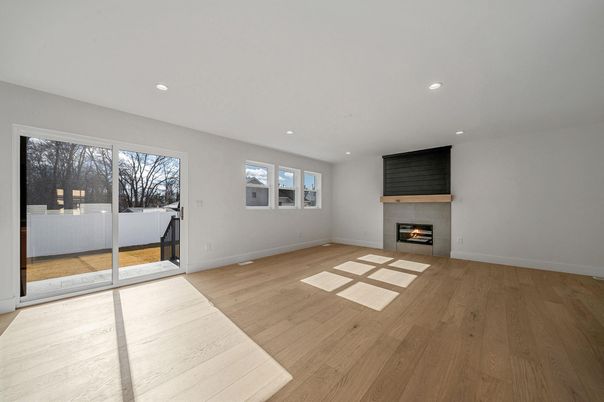 Empty room, Fireplace, Interior, Recessed Lighting, Wood Texture Flooring