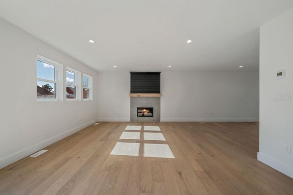 Empty room, Fireplace, Interior, Recessed Lighting, Wood Texture Flooring