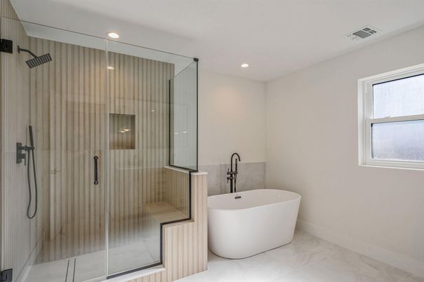 Bathroom, Free Standing Baths, Glass Shower, Interior, Marble, Recessed Lighting
