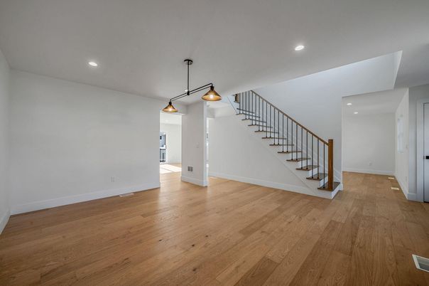 Empty room, Interior, Pendant Lights, Recessed Lighting, Wood Texture Flooring