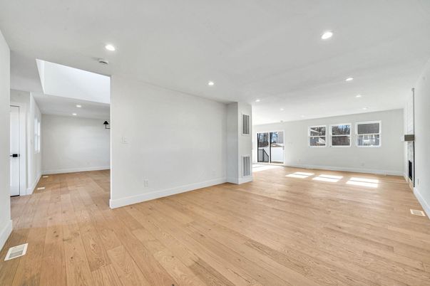 Empty room, Fireplace, Interior, Recessed Lighting, Wood Texture Flooring