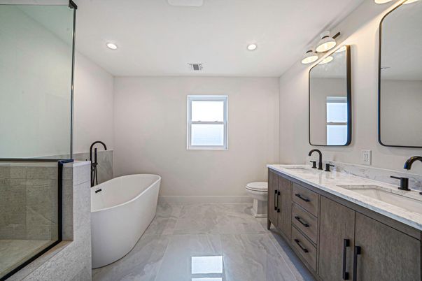 Bathroom, Dual Sink Vanities, Free Standing Baths, Glass Shower, Interior, Marble, Recessed Lighting
