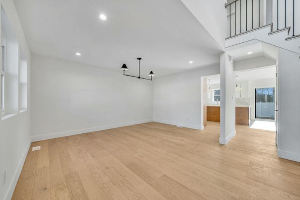Empty room, Interior, Pendant Lights, Recessed Lighting, Wood Texture Flooring