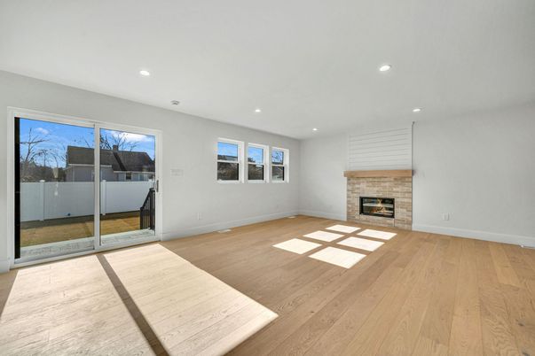 Empty room, Fireplace, Interior, Recessed Lighting, Wood Texture Flooring