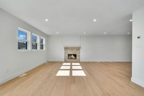 Empty room, Fireplace, Interior, Recessed Lighting, Wood Texture Flooring