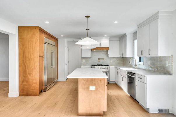 Interior, Kitchen, Pendant Lights, Recessed Lighting, Stainless Steel Appliances, Wood Texture Flooring