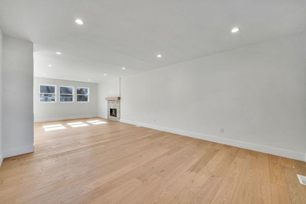 Empty room, Fireplace, Interior, Recessed Lighting, Wood Texture Flooring