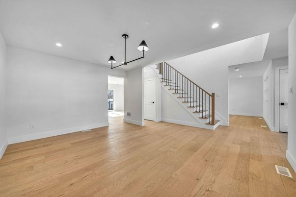 Empty room, Interior, Pendant Lights, Recessed Lighting, Wood Texture Flooring